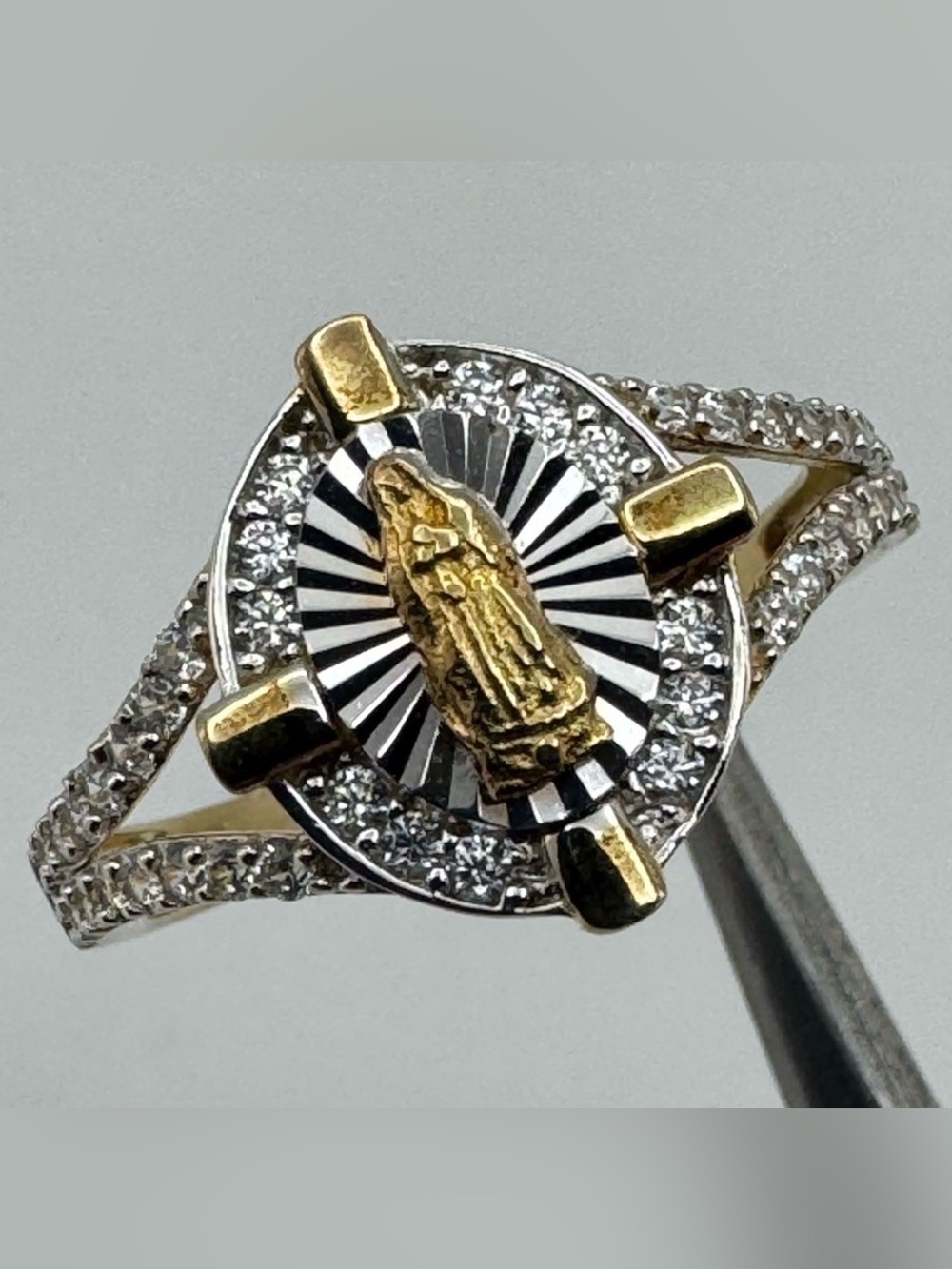 Sterling Silver Gold Plated CZ Virgin Mary Ring Religious Statement Size 8 New
